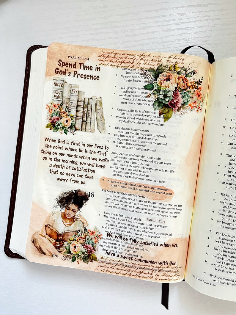 May include: A watercolor illustration of a woman reading a book with a floral design. The text "Spend Time in God's Presence" is written in brown ink on a beige background. The image also includes a verse from Psalm 17:4, "Keep me as the apple of your eye, hide me in the shadow of your wing from the wicked who do me violence, my deadly enemies who surround me."