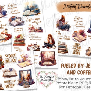 Alimentado por Jesus e café, diário bíblico, adesivos para planejamento de fé para impressão, estudo bíblico, adesivos bíblicos, mídia mista, fé ilustrada