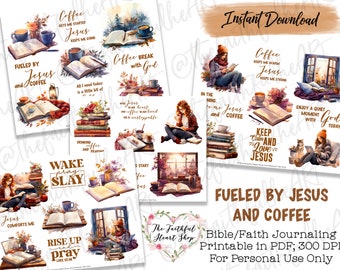 Fueled by Jesus and Coffee, Bible Journaling, Faith Planner Stickers Printable, Bible Study, Bible Stickers, Mixed Media, Illustrated Faith