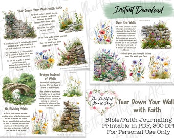 Tear Down Your Walls with Faith , Bible Journaling Stickers Printable, Faith, Bible Study, Bible Stickers, Mixed Media, Illustrated Faith