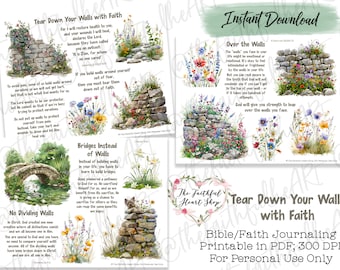 Tear Down Your Walls with Faith , Bible Journaling Stickers Printable, Faith, Bible Study, Bible Stickers, Mixed Media, Illustrated Faith