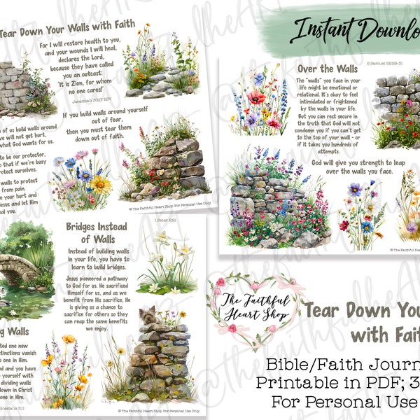 Tear Down Your Walls with Faith , Bible Journaling Stickers Printable, Faith, Bible Study, Bible Stickers, Mixed Media, Illustrated Faith