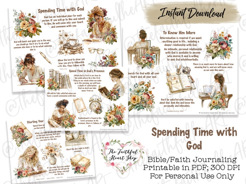 May include: Printable digital journal pages with watercolor illustrations of women journaling, flowers, and books. The pages feature quotes about spending time with God and include the text "Spending Time with God" and "Bible/Faith Journaling".
