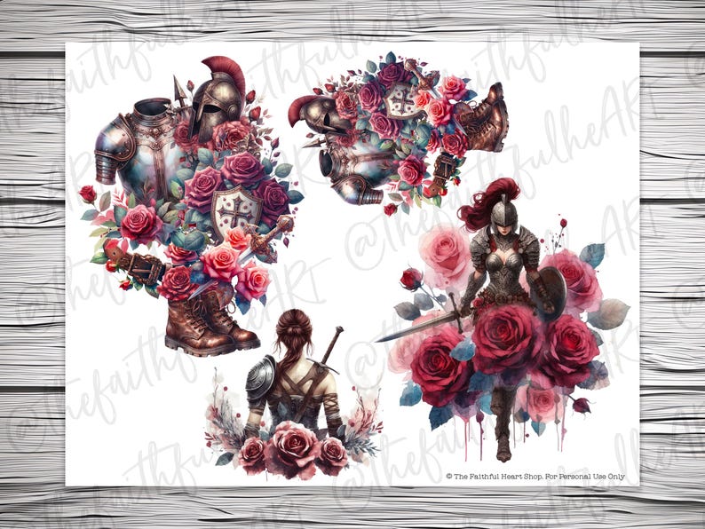 Puede incluir: Cuatro impresiones de arte digital que representan a un caballero, una guerrera y rosas. Las impresiones son en estilo acuarela con fondo blanco.