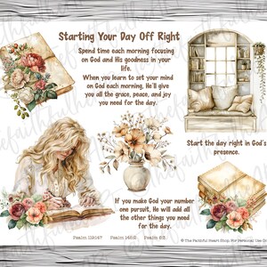 May include: A printable digital download with watercolor illustrations of flowers, books, and a window seat. The text reads "Starting Your Day Off Right" and includes Bible verses and quotes about starting your day with God.