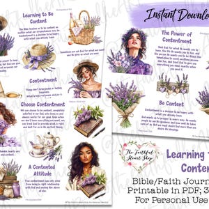 May include: Digital printable art featuring watercolor illustrations of women, lavender, and inspirational quotes about contentment. Includes images of books, a picnic basket, and a tea set. The text reads "Learning to Be Content".