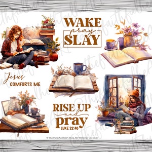 May include: A set of six digital planner stickers featuring watercolor illustrations of books, coffee cups, and flowers. The stickers include the phrases "Wake Pray Slay", "Jesus Comforts Me", "Rise Up and Pray Luke 22:46", and a floral design.