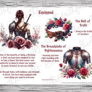 Puede incluir: Una descarga digital imprimible con una ilustraci&oacute;n de acuarela de una mujer con armadura y rosas. El texto dice "Equipado" y enumera "La coraza de justicia", "El cintur&oacute;n de la verdad" y "Efesios 6:10-17".