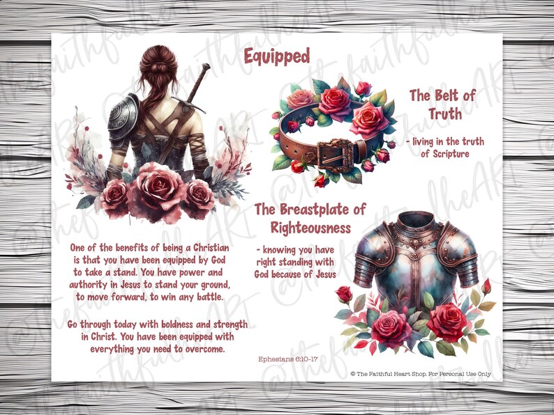Puede incluir: Una descarga digital imprimible con una ilustraci&oacute;n de acuarela de una mujer con armadura y rosas. El texto dice "Equipado" y enumera "La coraza de justicia", "El cintur&oacute;n de la verdad" y "Efesios 6:10-17".