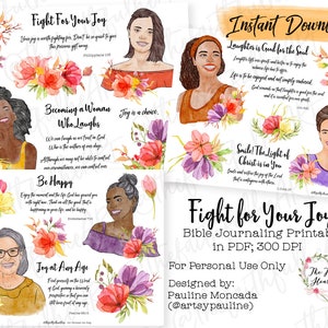 Vecht voor je vreugde. Bijbeljournaal. Geloofplanner. Christelijk. Geloof. Gemengde techniek. Vrouwen. Bloemen. Digitale download afdrukbaar