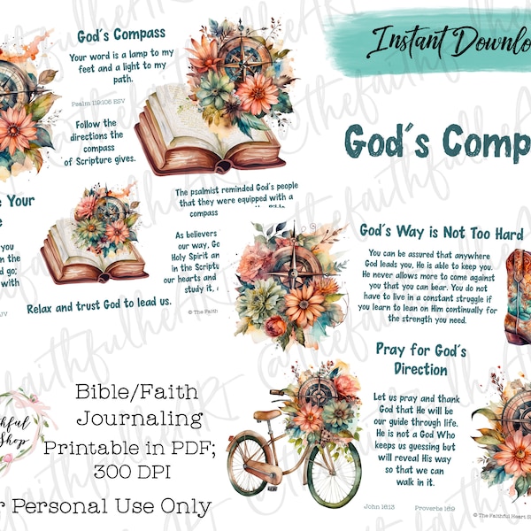 God's Compass, Bible Journaling Stickers Printable, Christian Faith, Bible Study, Bible Stickers, Mixed Media, Illustrated Faith, Printables