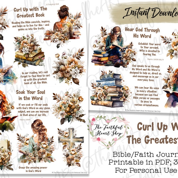 Curl Up With The Greatest Book, Bible Journaling Stickers Printable, Faith, Bible Study, Bible Stickers, Mixed Media, Illustrated Faith