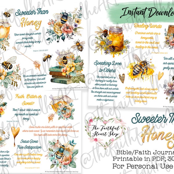 Sweeter Than Honey, Bible Journaling Stickers Printable, Christian Faith, Bible Study, Bible Stickers, Mixed Media, Illustrated Faith