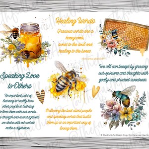 Op de afbeelding: Vier aquarel illustraties met bijen en bloemen. De illustraties zijn getiteld "Spreken van liefde tot anderen", "Genezende woorden", "Geloven in het beste over mensen" en "We kunnen er allemaal van profiteren". De tekst bevat citaten over het belang van vriendelijke woorden en gedachten.