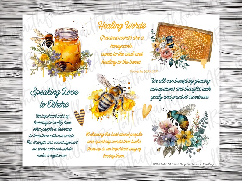Op de afbeelding: Vier aquarel illustraties met bijen en bloemen. De illustraties zijn getiteld "Spreken van liefde tot anderen", "Genezende woorden", "Geloven in het beste over mensen" en "We kunnen er allemaal van profiteren". De tekst bevat citaten over het belang van vriendelijke woorden en gedachten.