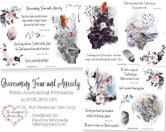 May include: Printable Bible journaling pages with watercolor illustrations and inspirational quotes about overcoming fear and anxiety. The quotes include verses from Psalms 16:3, 18:2, 27:1, 46:1, and John 14:27. The pages are designed by Pauline Moncada (@artsypauline) and are for personal use only.