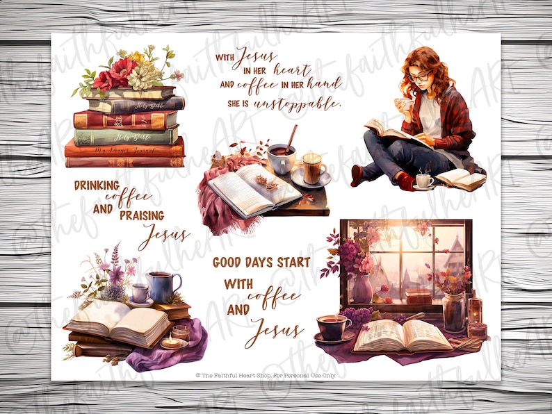 May include: Four digital planner stickers featuring illustrations of books, coffee cups, and flowers. The stickers include the text "With Jesus in her heart and coffee in her hand she is unstoppable", "Drinking coffee and praising Jesus", "Good days start with coffee and Jesus", and "The Faithful Heart Shop, For Personal Use Only".