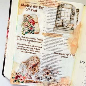 May include: A watercolor illustration of a woman writing in a journal with a cup of tea and flowers on a table. The text "Start the day right in God's presence." is written in white on a brown background. The image is a reminder to start your day with a positive mindset and focus on your faith.