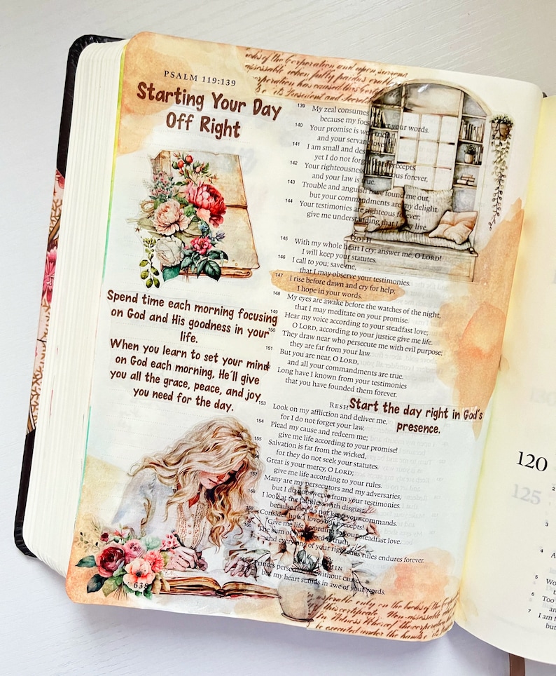 May include: A watercolor illustration of a woman writing in a journal with a cup of tea and flowers on a table. The text "Start the day right in God's presence." is written in white on a brown background. The image is a reminder to start your day with a positive mindset and focus on your faith.