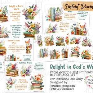 Delicie-se com a Palavra de Deus, adesivos de diário bíblico para impressão, fé cristã, estudo bíblico, adesivos bíblicos, mídia mista, fé ilustrada