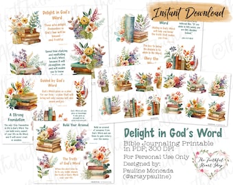 Delight in God's Word, Bible Journaling Stickers Printable, Christian Faith, Bible Study, Bible Stickers, Mixed Media, Illustrated Faith