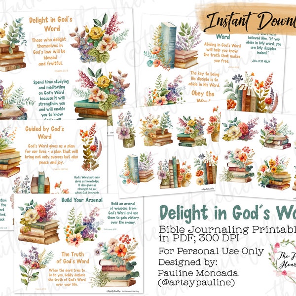 Delight in God's Word, Bible Journaling Stickers Printable, Christian Faith, Bible Study, Bible Stickers, Mixed Media, Illustrated Faith