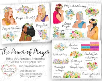 Könnte beinhalten: Ein Satz druckbarer Karten zum Bibellesen mit Aquarell-Illustrationen von Frauen, die mit floralen Akzenten beten. Die Karten enthalten Zitate über das Gebet, wie "Ohne Unterlass beten" und "Das Gebet ist mächtig".