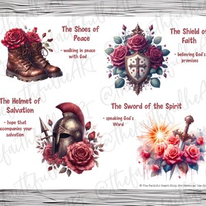 Puede incluir: Un conjunto de cuatro im&aacute;genes digitales imprimibles que presentan im&aacute;genes de armadura cristiana. Cada imagen incluye una pieza de armadura diferente, como un casco, un escudo, una espada y zapatos, junto con una descripci&oacute;n de su significado espiritual. Las im&aacute;genes est&aacute;n ilustradas con flores y hojas de estilo acuarela en tonos rojos y verdes.