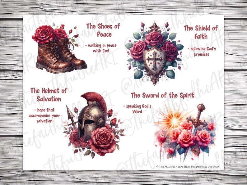 Puede incluir: Un conjunto de cuatro im&aacute;genes digitales imprimibles que presentan im&aacute;genes de armadura cristiana. Cada imagen incluye una pieza de armadura diferente, como un casco, un escudo, una espada y zapatos, junto con una descripci&oacute;n de su significado espiritual. Las im&aacute;genes est&aacute;n ilustradas con flores y hojas de estilo acuarela en tonos rojos y verdes.