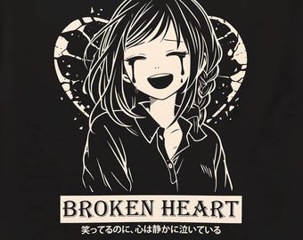 Camiseta de chica anime triste llorando con sonrisa falsa, camiseta de estilo urbano manga, camiseta gráfica emo otakucore,