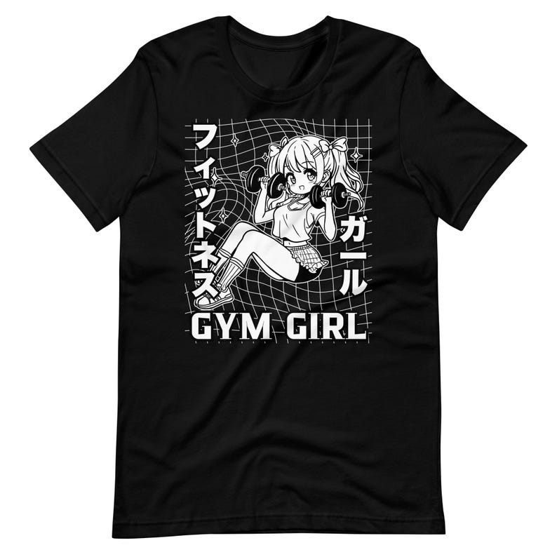 May include: Black and white graphic t-shirt featuring an anime girl lifting weights with the text "Gym Girl" and Japanese characters.