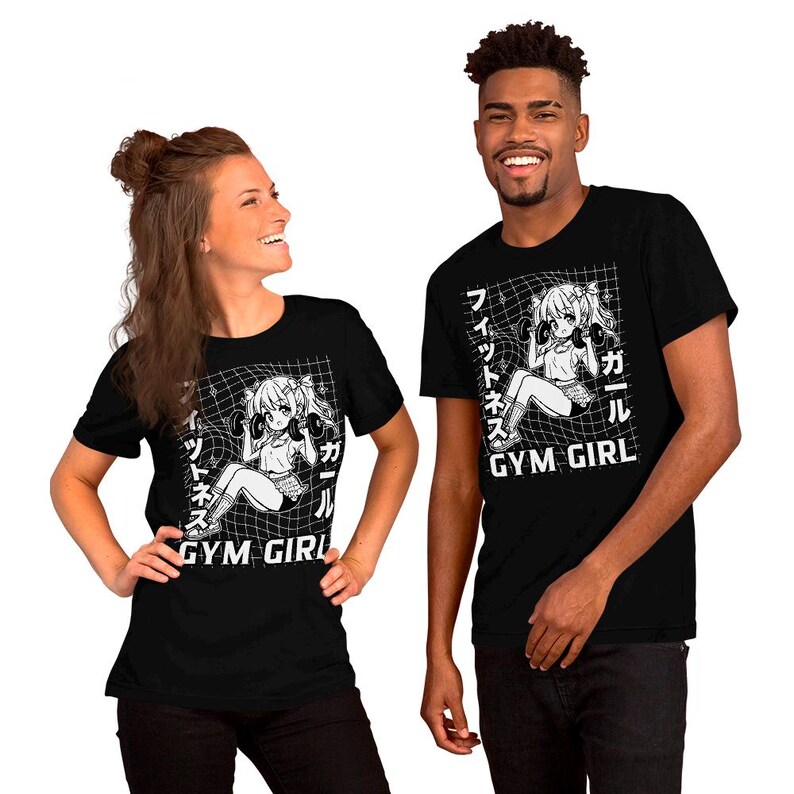 May include: Black t-shirt featuring a white graphic of an anime girl lifting weights. The text "Gym Girl" and Japanese characters are printed on the shirt.