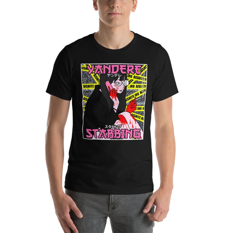 Yandere Stabbing Shirt, Anime Girl T-Shirt, Psychotic Waifu Tee, Funny Otaku Meme image 3