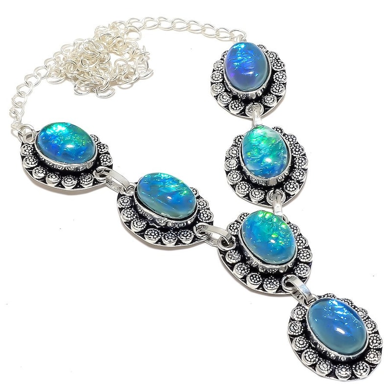 Blue Triplet Fire Opal Gemstone Antique Jewelry Handmade 925 Silver Necklace and Bracelet Sets