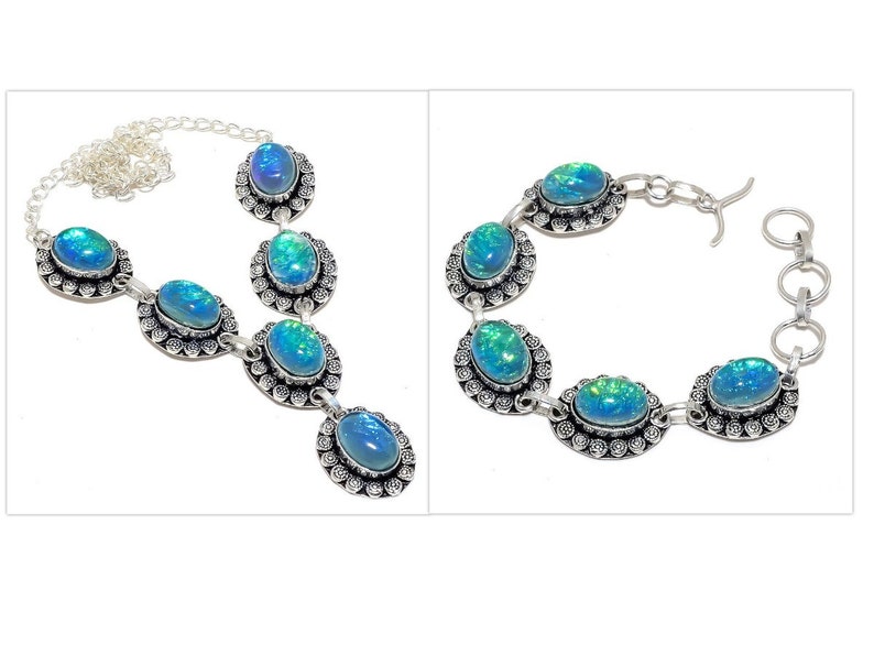 Blue Triplet Fire Opal Gemstone Antique Jewelry Handmade 925 Silver Necklace and Bracelet Sets