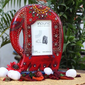 Indune&#39;s Handpainted Traditional Rajasthani Wooden Elephant Photo Frame with Stand - Rustic Red/ Blue/ Cream-Grey