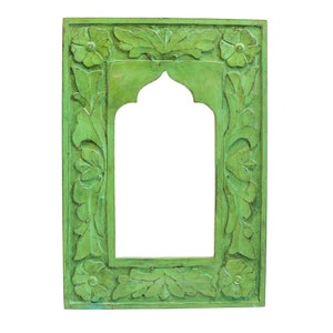 Indune&#39;s Handcrafted Floral Wooden Stylish Mirror Jharokha Frame - Green/ Red/ Light Brown