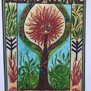 May include: A hand-painted card with the words "Blessed Beltane" at the top. The card features a stylized tree with a red sun at the top and green leaves. The tree is surrounded by flames and a green background.