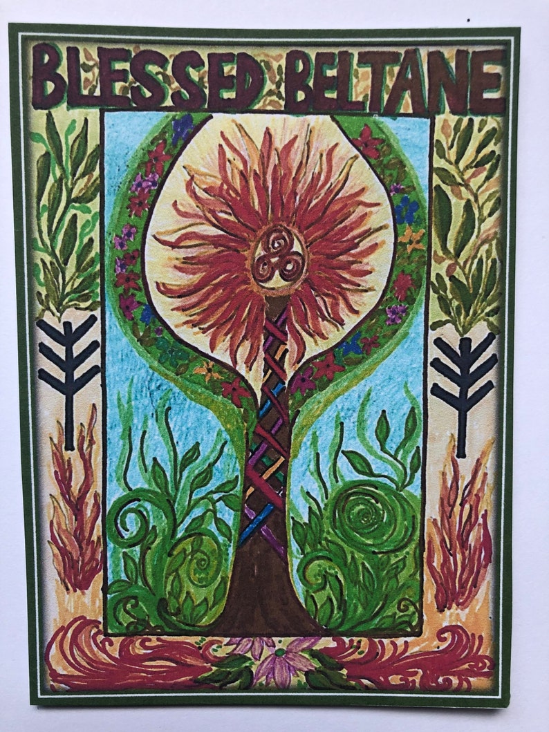 May include: A hand-painted card with the words "Blessed Beltane" at the top. The card features a stylized tree with a red sun at the top and green leaves. The tree is surrounded by flames and a green background.