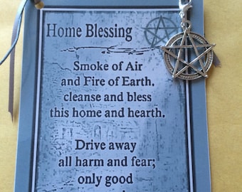 Home protection spell chant home blessing small card and  pentacle charm smudging wall hanging