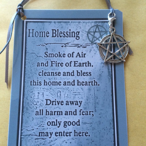 Home protection spell chant home blessing small card and  pentacle charm smudging wall hanging