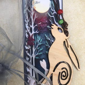 Set de regalo con forma de liebre que mira hacia la luna, decoración colgante de madera y marcapáginas, regalo de Yule