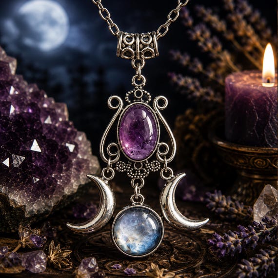Amethyst necklace Triple Moon Goddess divine feminine