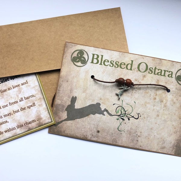 Ostara wish bracelet Hare charm wooden beads card spell card envelope