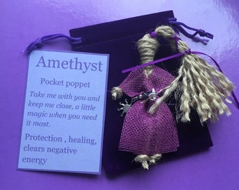 Pocket poppet amethyst good luck protection talisman velvet travel bag