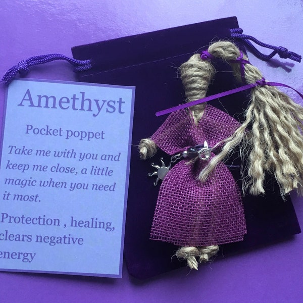 Pocket poppet amethyst good luck protection talisman velvet travel bag