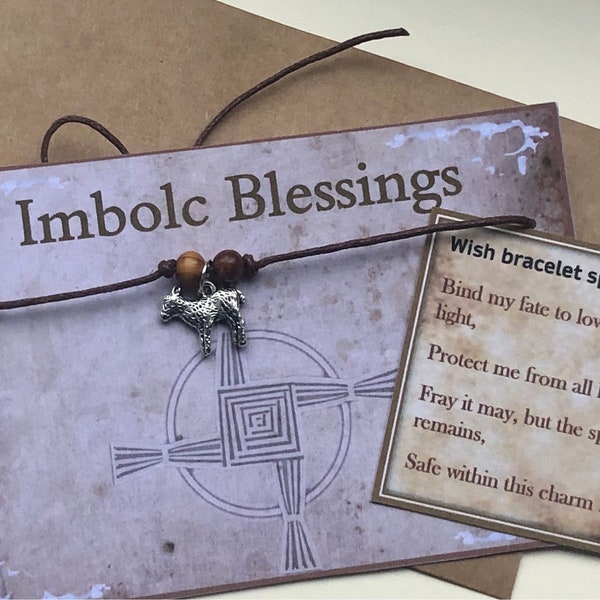 Imbolc sabbat candlemas Brigid lamb charm bead bracelet Kraft envelope and spell card