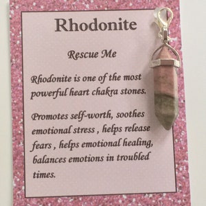 Baguette en cristal clip rhodonite 'Rescue Me' favorise l'estime de soi apaise le stress émotionnel coeur Chakra pierre amour attraction carte-cadeau et sac