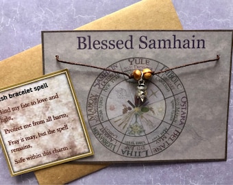 Pulsera de deseo Samhain Caldero encanto cuentas de madera tarjeta de hechizo tarjeta sobre rueda del año nuevo regalo pagano wiccan