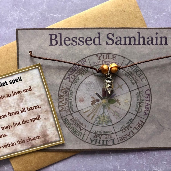 Samhain wish bracelet Cauldron  charm wooden beads card spell card envelope wheel of the year new year wiccan pagan gift